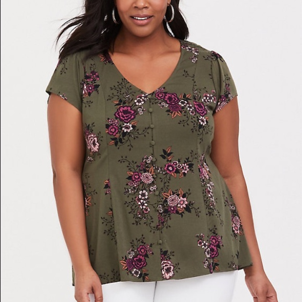 Torrid Olive Green Floral Challis Blouse